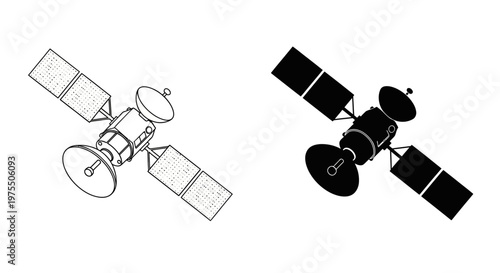 Two depictions of a satellite in line art one outlined and one solid