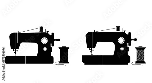 Two vintage sewing machines and spools depicted in a black silhouette
