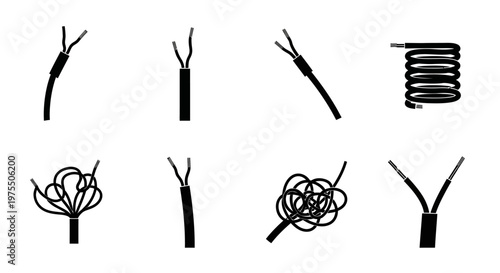 Black and white illustration of various tangled and untangled electrical wires