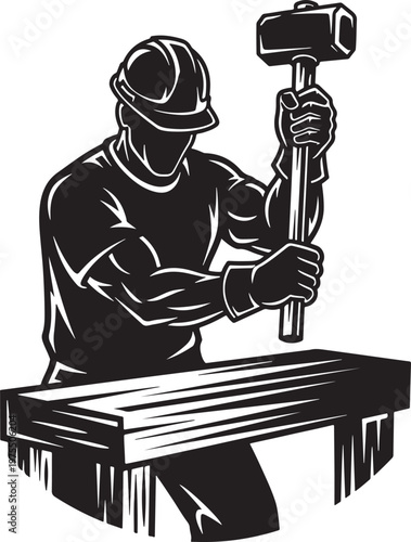 Vintage construction worker mascot, muscular blacksmith with sledgehammer vector, industrial laborer in hard hat and gloves, woodcut style handyman