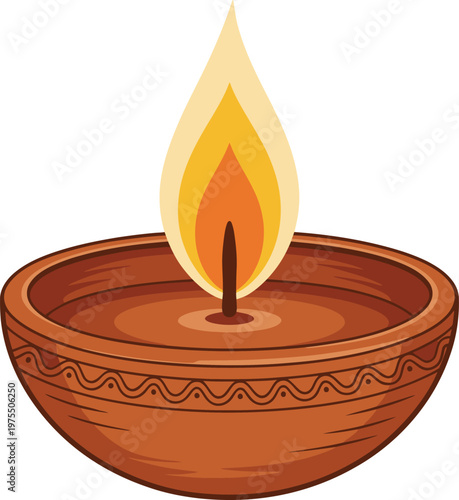 Traditional clay diya with a lit flame inside it