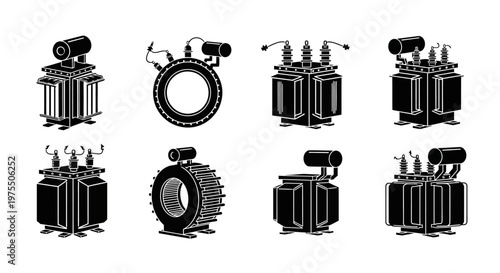 Collection of various electrical transformers in a black and white style