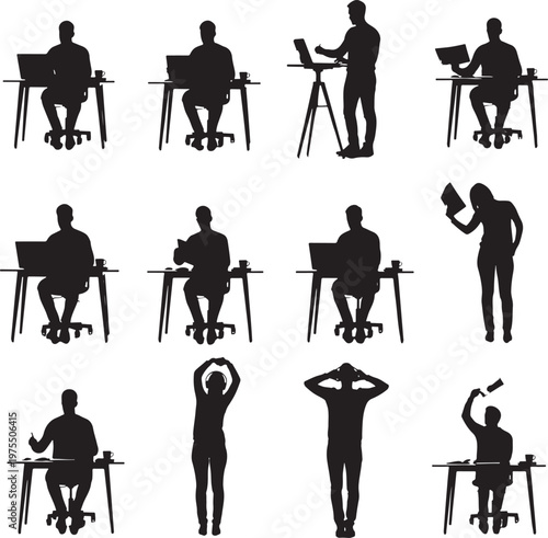 Professional business silhouettes of office workers at desks, set of 12 people working on laptops, corporate employees in various poses and workstation setups