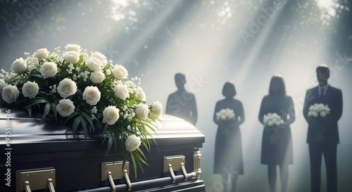Solemn Funeral Scene with Coffin Adorned with White Roses and Mourners in Hazy Sunlight