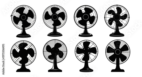 Collection of black silhouette electric fans with varying blade designs