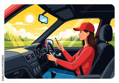 Woman driving a car while using a smartphone