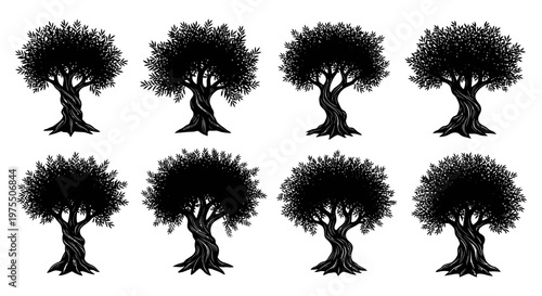 Eight stylized trees with twisting trunks in a black and white design