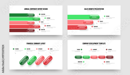 Market Profile Five Three Four Step Diagram Slide Layout Vector Illustration Set. Enterprise Portfolio 5 3 4 Option Infographic Presentation Design Collection.