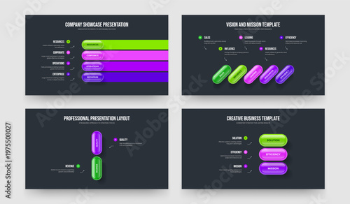 Product Briefing Four Five Two Three Element Diagram Presentation Layout Vector Illustration Set. Business Review 4 5 2 3 Step Infographic Frame Template Collection.
