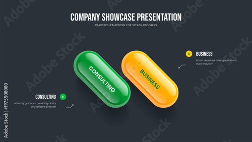 Enterprise Analysis Slide Design Vector Illustration. Visual Forecast Two Step Infographic Presentation Layout. Market Performance 2 Element Diagram Slideshow Template.