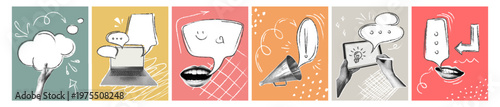 A collection of collages with elements of communication and technology. Trendy halftone collage. A human hand holding a speech bubble, a laptop with a chat icon, a shouting mouth, a megaphone