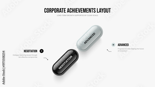 Advertising Launch Two Step Diagram Slide Template. Modern Profile Frame Design Vector Illustration. Corporate Insight 2 Element Infographic Slideshow Layout.