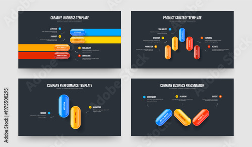 Marketing Launch Four Five Two Three Element Diagram Frame Design Vector Illustration Set. Financial Performance 4 5 2 3 Step Infographic Slide Layout Collection.