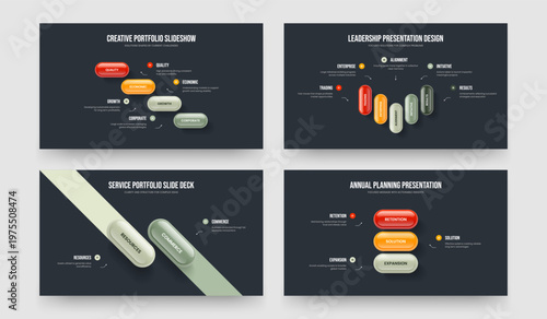 Advertising Review 4 5 2 3 Step Diagram Frame Design Set. Investor Report Four Five Two Three Element Infographic Slide Template Vector Illustration Collection.