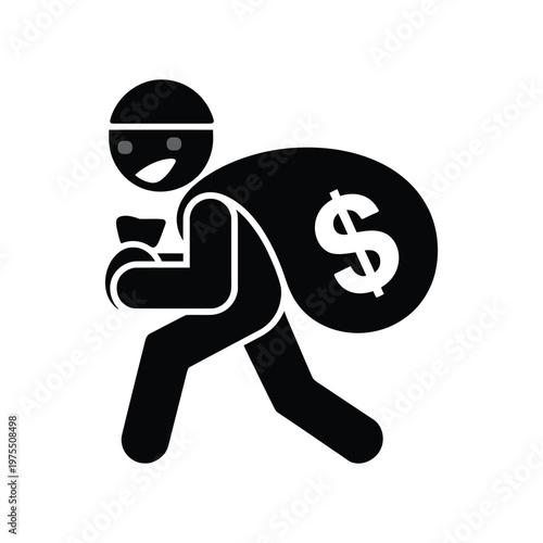 Happy criminal character carrying a large sack of money, black silhouette on an isolated transparent background, vector.