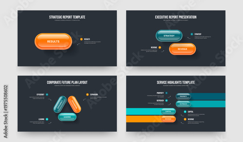 Visual Growth 1 2 3 4 Element Diagram Slide Layout Collection. Business Briefing One Two Three Four Step Infographic Frame Design Vector Illustration Set.
