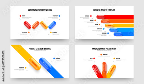 Marketing Report 4 5 2 3 Element Infographic Slide Layout Bundle. Corporate Introduction Four Five Two Three Option Diagram Slideshow Template Vector Illustration Collection.