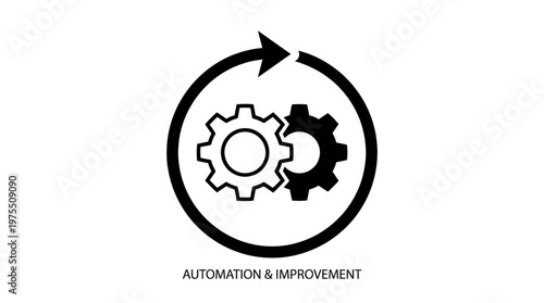 Automation and improvement icon, interlocking gears with circular arrow loop, symbolizing continuous process, efficiency, streamlined workflow, iterative optimization.