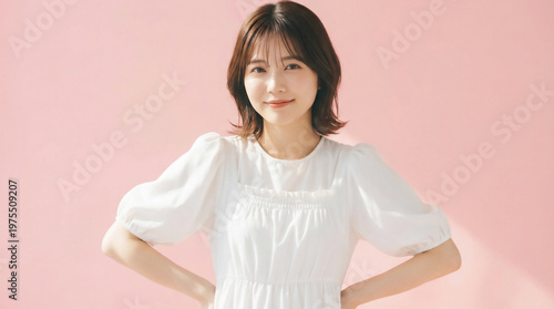 Beautiful Japanese woman smiling on pink background, generative AI