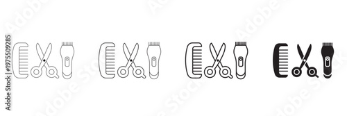 Barber and grooming tool icon set featuring hair comb scissors and electric clipper in line and solid glyph style vector illustration