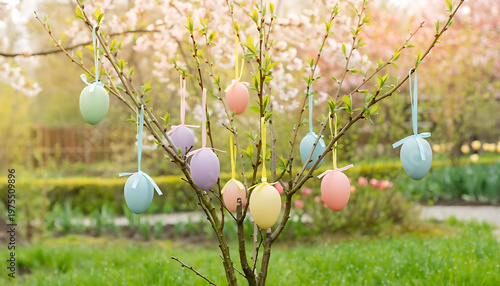 Whimsical spring garden scene adorned with delicate pastel Easter eggs hanging from budding tree branches under soft sunlight