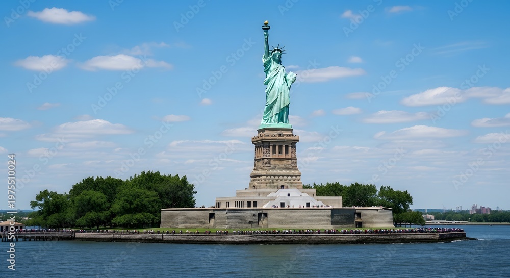 Fototapeta premium The statue of liberty national monument in new york harbor on a sunny day with blue sky and clouds