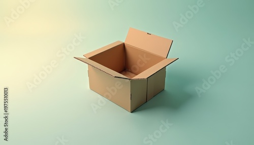 Empty Open Cardboard Box on Light Blue Green Background with Soft Lighting and Subtle Shadows