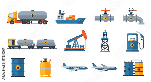 Oil and Gas Industry Transportation and Infrastructure Icons.