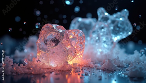 Macro Close-Up Of Glowing Ice Cubes Melting With Blue And Orange Light Reflections On Dark Background And Water