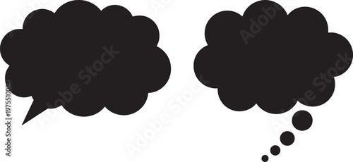 Black minimalist cloud speech bubble and thought bubble silhouette set for creative communication