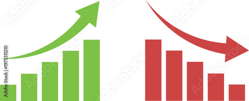 Business Growth and Decline Bar Charts Set - Green Upward Arrow and Red Downward Arrow Vector for Financial Success, Market Loss, and Data Analysis