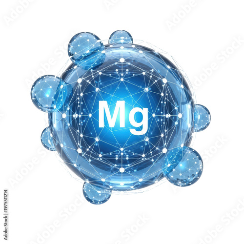 A massive, perfectly rendered, hyper-detailed icy blue translucent geometric sphere representing a magnesium atom, labeled 'mg', suspended in a transparent void, high-tech scientific visualization