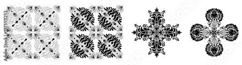 Set of Ornate Damask Ornaments and Victorian Floral Mandalas.