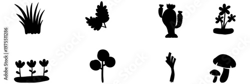 Set of Nature and Garden Plant Silhouettes including Cactus, Flowers, and Trees.