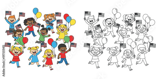 Diverse Happy Kids Celebrating with American Flags and Balloons - Color and Line Art Versions for 4th of July, Memorial Day and Patriotic Events
