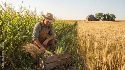 Farmer picking fresh corn and produce at edge of wheat and corn field.
