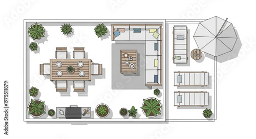 Overhead View of Outdoor Patio Design with Dining and Lounge Areas.