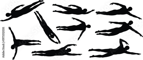 Swimming silhouettes set showing different strokes and positions in aquatic sport