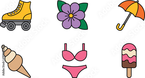 Bright seasonal collection with playful objects representing leisure fashion and warm weather