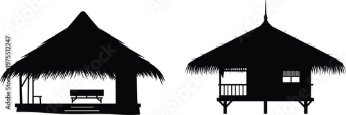 Thatched village huts silhouette with raised house and rural tropical architecture design