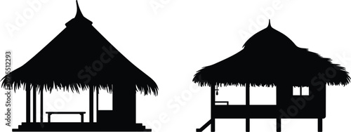 Traditional thatched huts silhouette representing rural village houses in tropical regions