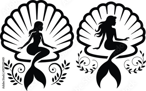 Mermaid silhouette inside seashell with decorative ocean elements in elegant design