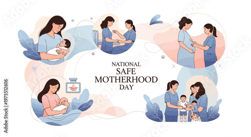 A flat vector illustration commemorates National Safe Motherhood Day, showcasing scenes of maternal healthcare and pregnancy care against a clean white background with soft pastel colors