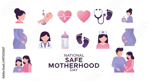 A flat lay illustration commemorates National Safe Motherhood Day with icons representing pregnancy care, including a baby, stethoscope, and pregnant woman, against a clean white