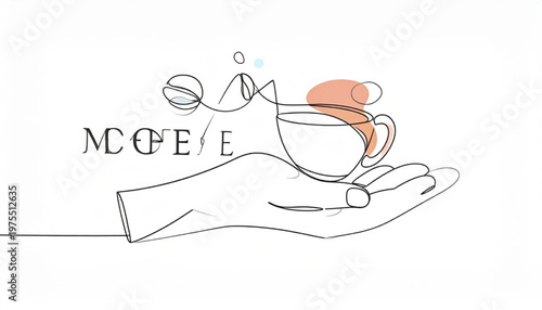 Minimalist hand holding coffee cup with floral elements.