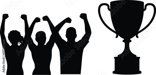 Winning team celebrating victory with trophy silhouette representing success and achievement