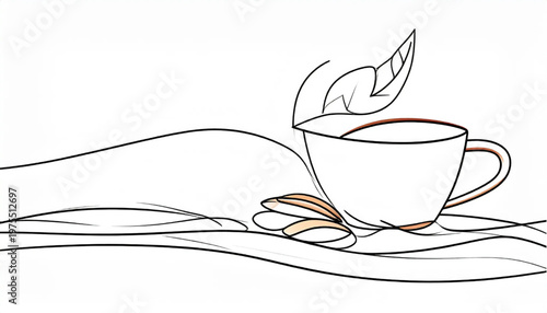 Minimalist illustration of a cup of tea with a leaf and stones.