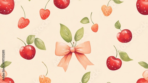 16.Elegant repeating fruit motif with deep red cherries tied with dainty bows and bright strawberries, crisp vector lines, and a gentle peach base giving a sweet decorative feel.