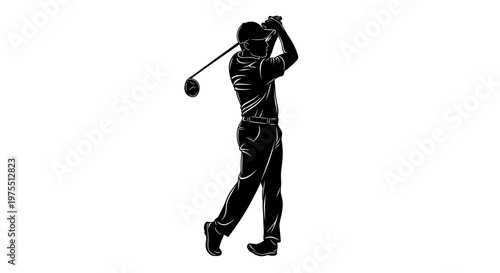 Man swinging golf club in air.