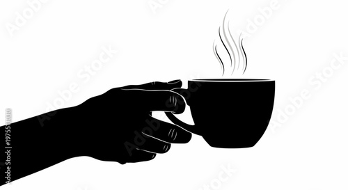 Hand holding steaming hot coffee cup.